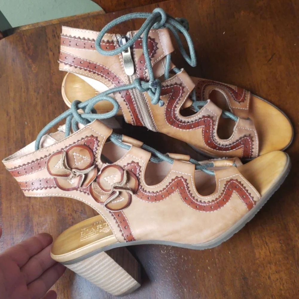 Spring Step Two-Tone Tan Brown Leather Lace-Up Peep-Toe Heels